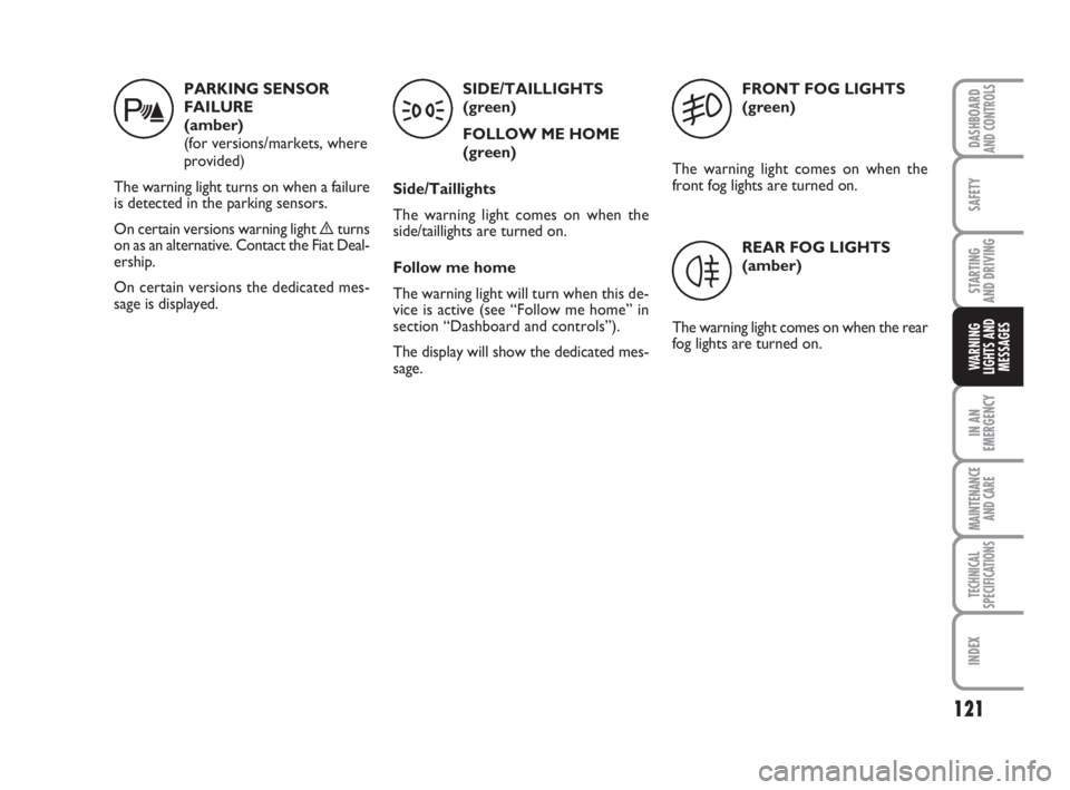 FIAT FIORINO 2014  Owner handbook (in English) 121
SAFETY
IN AN
EMERGENCY
MAINTENANCE
AND CARE 
TECHNICAL
SPECIFICATIONS
INDEX
DASHBOARDAND CONTROLS
STARTING 
AND DRIVING
WARNING
LIGHTS AND
MESSAGES
PARKING SENSOR
FAILURE 
(amber)
(for versions/ma