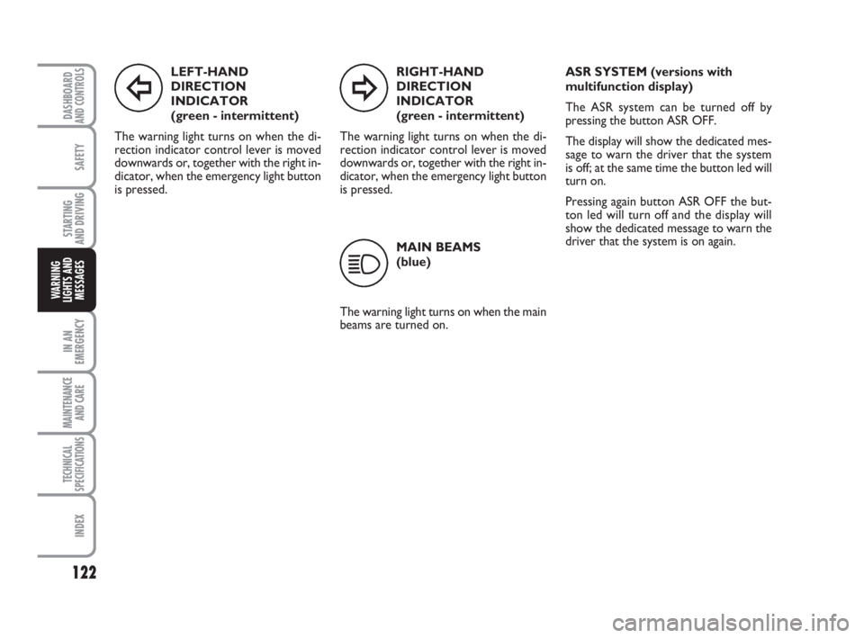 FIAT FIORINO 2014  Owner handbook (in English) 122
SAFETY
IN AN
EMERGENCY
MAINTENANCE
AND CARE 
TECHNICAL
SPECIFICATIONS
INDEX
DASHBOARDAND CONTROLS
STARTING 
AND DRIVING
WARNING
LIGHTS AND
MESSAGES
LEFT-HAND 
DIRECTION
INDICATOR 
(green - intermi