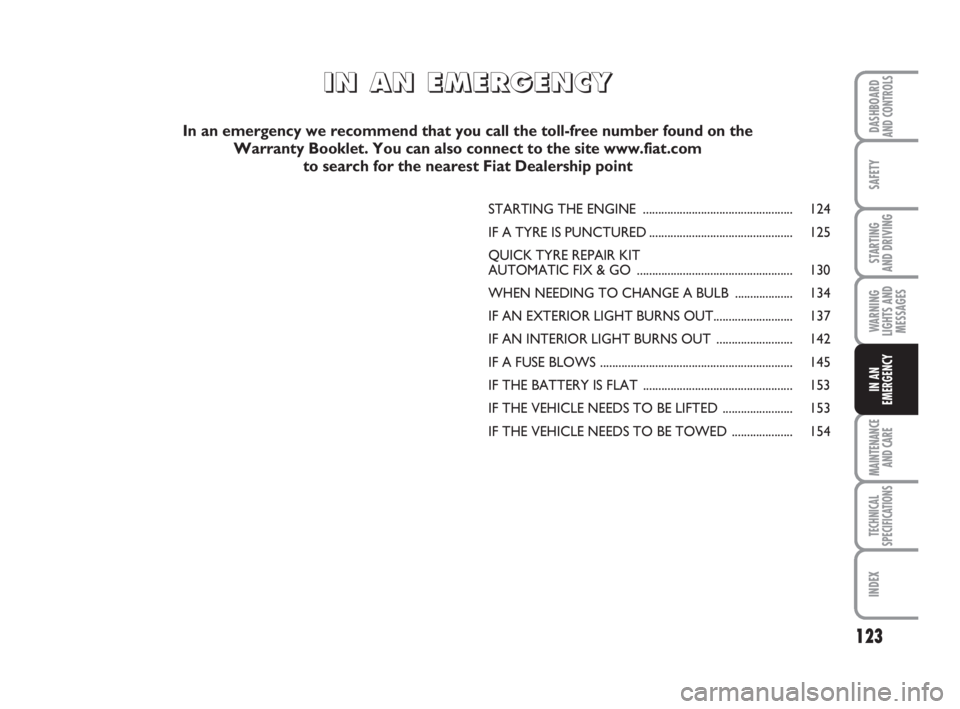 FIAT FIORINO 2014  Owner handbook (in English) 123
SAFETY
MAINTENANCE
AND CARE 
TECHNICAL
SPECIFICATIONS
INDEX
DASHBOARDAND CONTROLS
STARTING 
AND DRIVING
WARNING
LIGHTS AND
MESSAGES
IN AN
EMERGENCY
STARTING THE ENGINE ............................