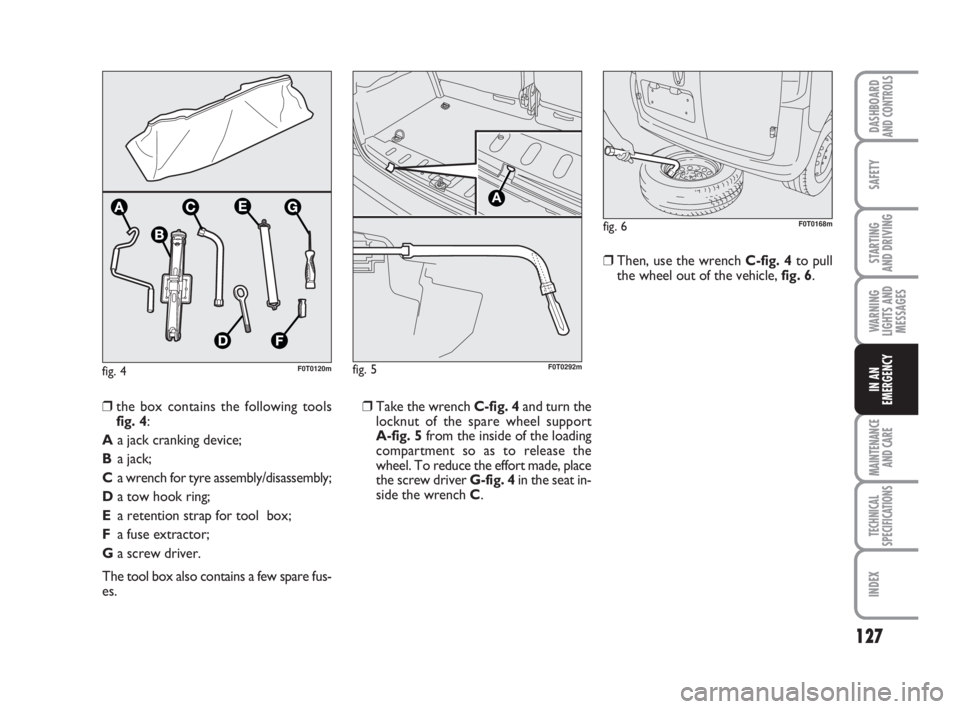 FIAT FIORINO 2010 Owner handbook (in English) 127
SAFETY
MAINTENANCE
AND CARE
TECHNICAL
SPECIFICATIONS
INDEX
DASHBOARDAND CONTROLS
STARTING
AND DRIVING
WARNING
LIGHTS AND
MESSAGES
IN AN
EMERGENCY
fig. 4F0T0120m
❒Take the wrench C-fig. 4and tu FIAT FIORINO 2010 Owner handbook (in English) 127
SAFETY
MAINTENANCE
AND CARE
TECHNICAL
SPECIFICATIONS
INDEX
DASHBOARDAND CONTROLS
STARTING
AND DRIVING
WARNING
LIGHTS AND
MESSAGES
IN AN
EMERGENCY
fig. 4F0T0120m
❒Take the wrench C-fig. 4and tu