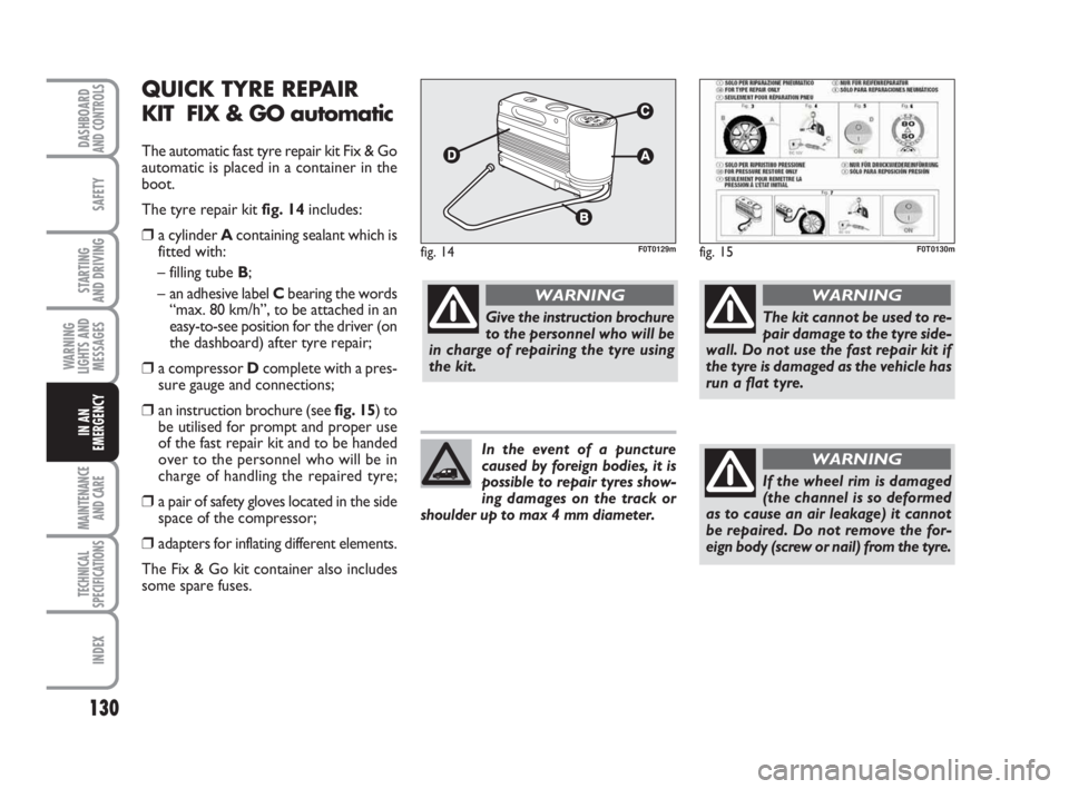 FIAT FIORINO 2013  Owner handbook (in English) 130
SAFETY
MAINTENANCE
AND CARE 
TECHNICAL
SPECIFICATIONS
INDEX
DASHBOARDAND CONTROLS
STARTING 
AND DRIVING
WARNING
LIGHTS AND
MESSAGES
IN AN
EMERGENCY
QUICK TYRE REPAIR
KIT  FIX & GO automatic
The au