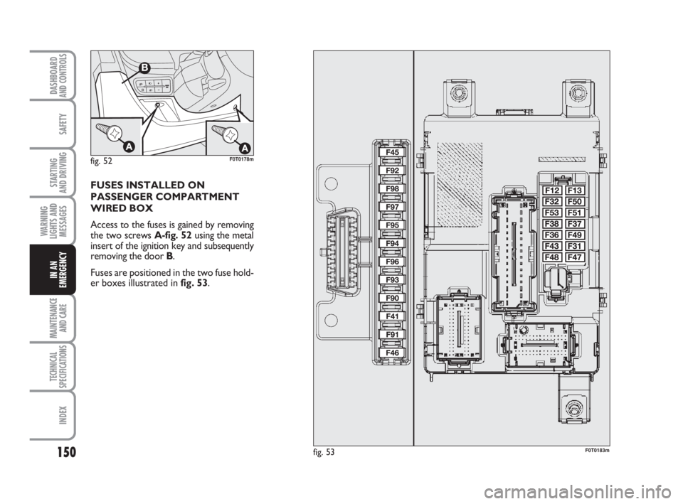 FIAT FIORINO 2010 Owner handbook (in English) 150
SAFETY
MAINTENANCE
AND CARE
TECHNICAL
SPECIFICATIONS
INDEX
DASHBOARDAND CONTROLS
STARTING
AND DRIVING
WARNING
LIGHTS AND
MESSAGES
IN AN
EMERGENCY
FUSES INSTALLED ON
PASSENGER COMPARTMENT
WIRED B FIAT FIORINO 2010 Owner handbook (in English) 150
SAFETY
MAINTENANCE
AND CARE
TECHNICAL
SPECIFICATIONS
INDEX
DASHBOARDAND CONTROLS
STARTING
AND DRIVING
WARNING
LIGHTS AND
MESSAGES
IN AN
EMERGENCY
FUSES INSTALLED ON
PASSENGER COMPARTMENT
WIRED B