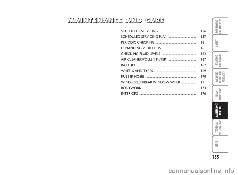 FIAT FIORINO 2013  Owner handbook (in English) 155
SAFETY
TECHNICAL
SPECIFICATIONS
INDEX
DASHBOARDAND CONTROLS
STARTING 
AND DRIVING
WARNING
LIGHTS AND
MESSAGES
IN AN
EMERGENCY
MAINTENANCE
AND CARE 
SCHEDULED SERVICING.............................