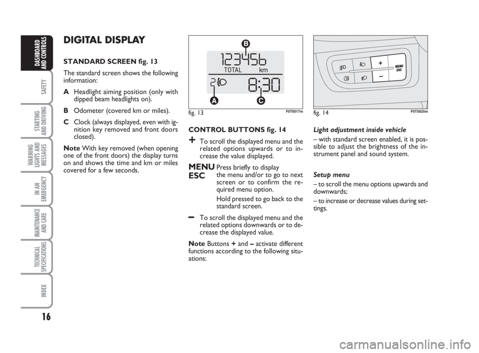 FIAT FIORINO 2012  Owner handbook (in English) 16
SAFETY
STARTING 
AND DRIVING
WARNING
LIGHTS AND
MESSAGES
IN AN
EMERGENCY
MAINTENANCE
AND CARE 
TECHNICAL
SPECIFICATIONS
INDEX
DASHBOARD
AND CONTROLS
CONTROL BUTTONS fig. 14
+To scroll the displayed