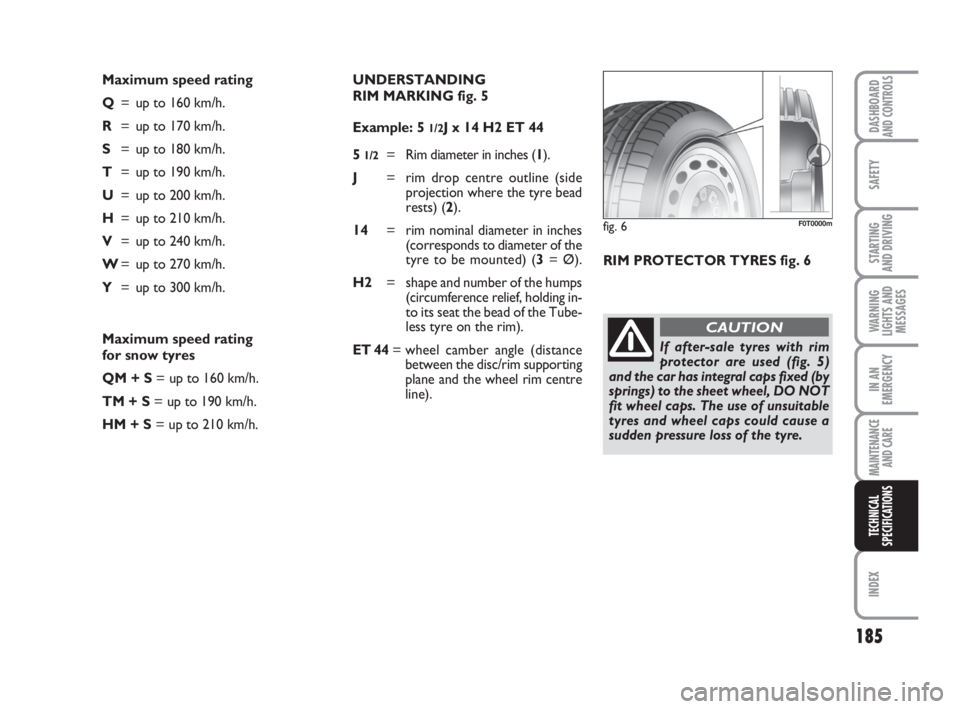 FIAT FIORINO 2014 Owner handbook (in English) 185
SAFETY
INDEX
DASHBOARDAND CONTROLS
STARTING
AND DRIVING
WARNING
LIGHTS AND
MESSAGES
IN AN
EMERGENCY
MAINTENANCE
AND CARE
TECHNICAL
SPECIFICATIONS
Maximum speed rating
Q= up to 160 km/h.
R= up to FIAT FIORINO 2014 Owner handbook (in English) 185
SAFETY
INDEX
DASHBOARDAND CONTROLS
STARTING
AND DRIVING
WARNING
LIGHTS AND
MESSAGES
IN AN
EMERGENCY
MAINTENANCE
AND CARE
TECHNICAL
SPECIFICATIONS
Maximum speed rating
Q= up to 160 km/h.
R= up to