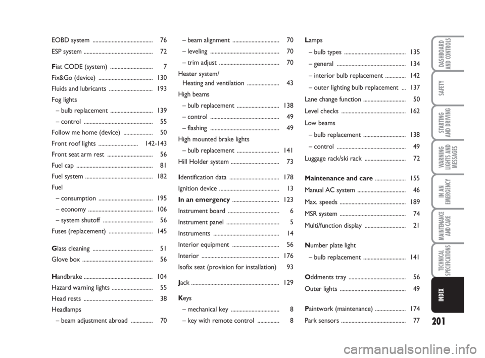 FIAT FIORINO 2016  Owner handbook (in English) 201
WARNING
LIGHTS AND
MESSAGES
DASHBOARDAND CONTROLS
SAFETY
STARTING 
AND DRIVING
IN AN
EMERGENCY
MAINTENANCE
AND CARE
TECHNICAL
SPECIFICATIONS
INDEX
– beam alignment ..............................
