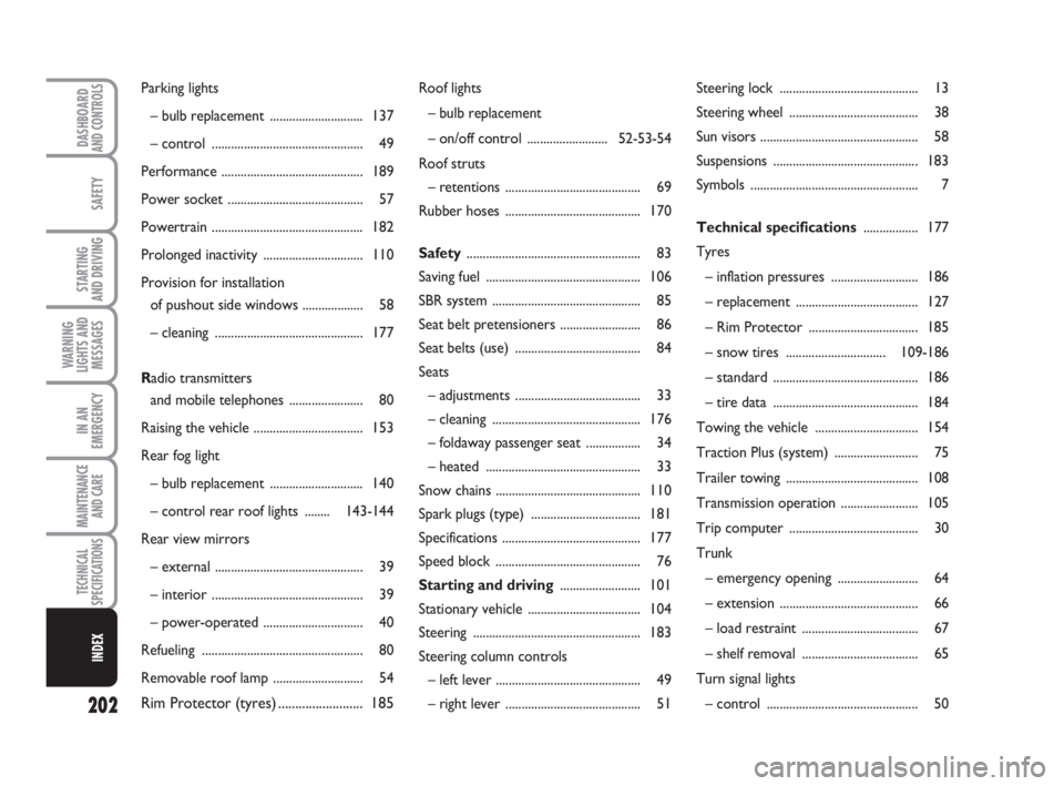 FIAT FIORINO 2013  Owner handbook (in English) 202
WARNING
LIGHTS AND
MESSAGES
DASHBOARDAND CONTROLS
SAFETY
STARTING 
AND DRIVING
IN AN
EMERGENCY
MAINTENANCE
AND CARE 
TECHNICAL
SPECIFICATIONS
INDEX
Roof lights
– bulb replacement
– on/off cont