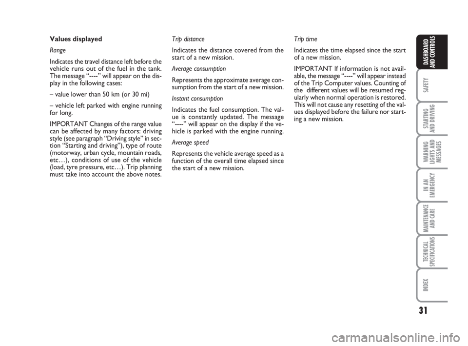 FIAT FIORINO 2016  Owner handbook (in English) 31
SAFETY
STARTING 
AND DRIVING
WARNING
LIGHTS AND
MESSAGES
IN AN
EMERGENCY
MAINTENANCE
AND CARE 
TECHNICAL
SPECIFICATIONS
INDEX
DASHBOARD
AND CONTROLS
Values displayed
Range
Indicates the travel dist