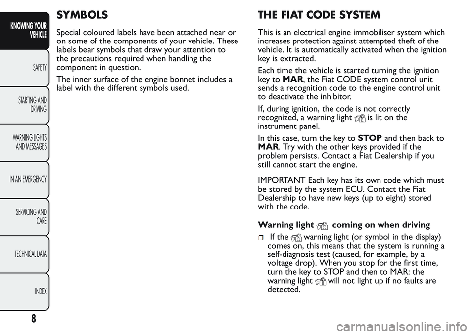 FIAT FIORINO 2017 Owner handbook (in English) SYMBOLS
Special coloured labels have been attached near or
on some of the components of your vehicle. These
labels bear symbols that draw your attention to
the precautions required when handling the
c FIAT FIORINO 2017 Owner handbook (in English) SYMBOLS
Special coloured labels have been attached near or
on some of the components of your vehicle. These
labels bear symbols that draw your attention to
the precautions required when handling the
c