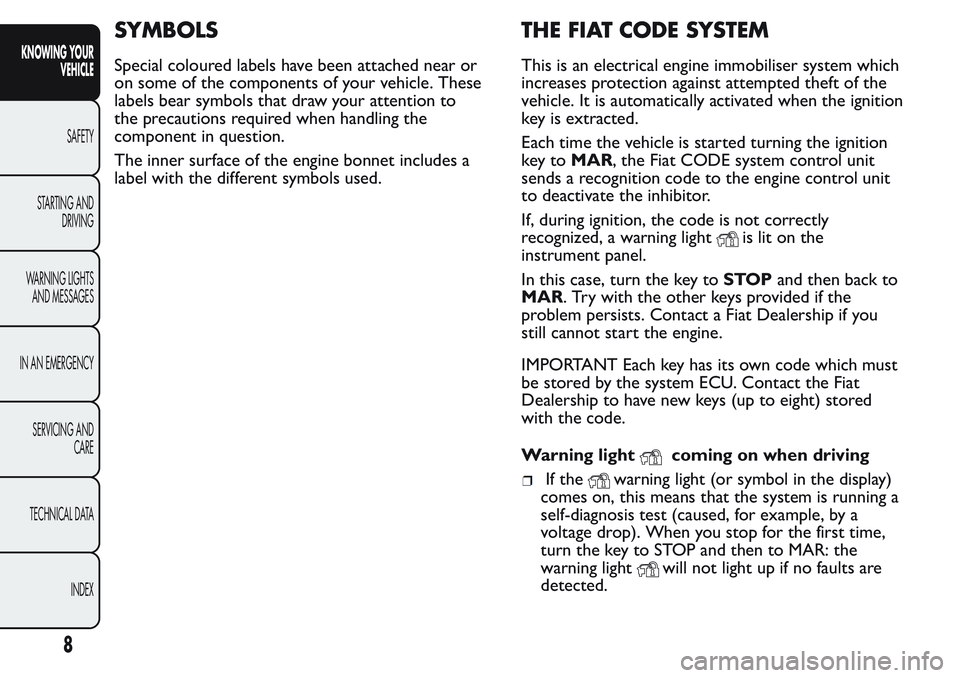 FIAT FIORINO 2017  Owner handbook (in English) SYMBOLS
Special coloured labels have been attached near or
on some of the components of your vehicle. These
labels bear symbols that draw your attention to
the precautions required when handling the
c