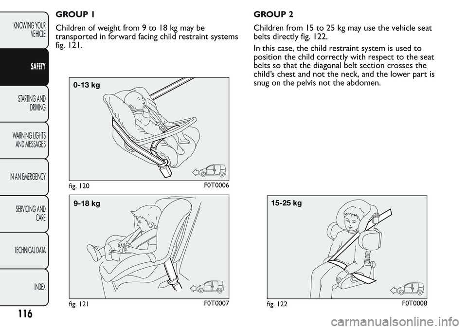 FIAT FIORINO 2017  Owner handbook (in English) GROUP 1
Children of weight from 9 to 18 kg may be
transported in forward facing child restraint systems
fig. 121.GROUP 2
Children from 15 to 25 kg may use the vehicle seat
belts directly fig. 122.
In 