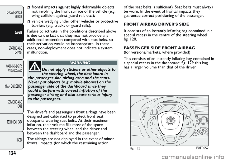 FIAT FIORINO 2017  Owner handbook (in English) frontal impacts against highly deformable objects
not involving the front surface of the vehicle (e.g.
wing collision against guard rail, etc.);
vehicle wedging under other vehicles or protective
barr