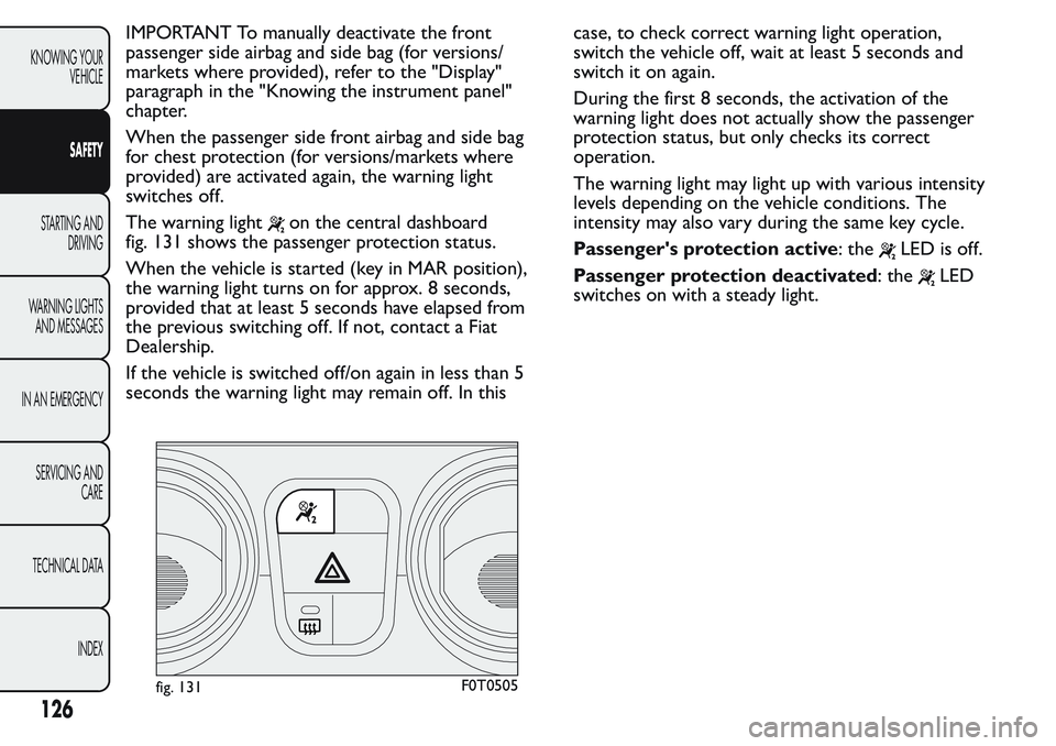 FIAT FIORINO 2017 Owner handbook (in English) IMPORTANT To manually deactivate the front
passenger side airbag and side bag (for versions/
markets where provided), refer to the "Display"
paragraph in the "Knowing the instrument panel& FIAT FIORINO 2017 Owner handbook (in English) IMPORTANT To manually deactivate the front
passenger side airbag and side bag (for versions/
markets where provided), refer to the "Display"
paragraph in the "Knowing the instrument panel&