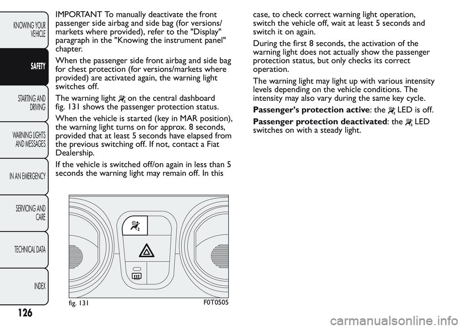 FIAT FIORINO 2017  Owner handbook (in English) IMPORTANT To manually deactivate the front
passenger side airbag and side bag (for versions/
markets where provided), refer to the "Display"
paragraph in the "Knowing the instrument panel&