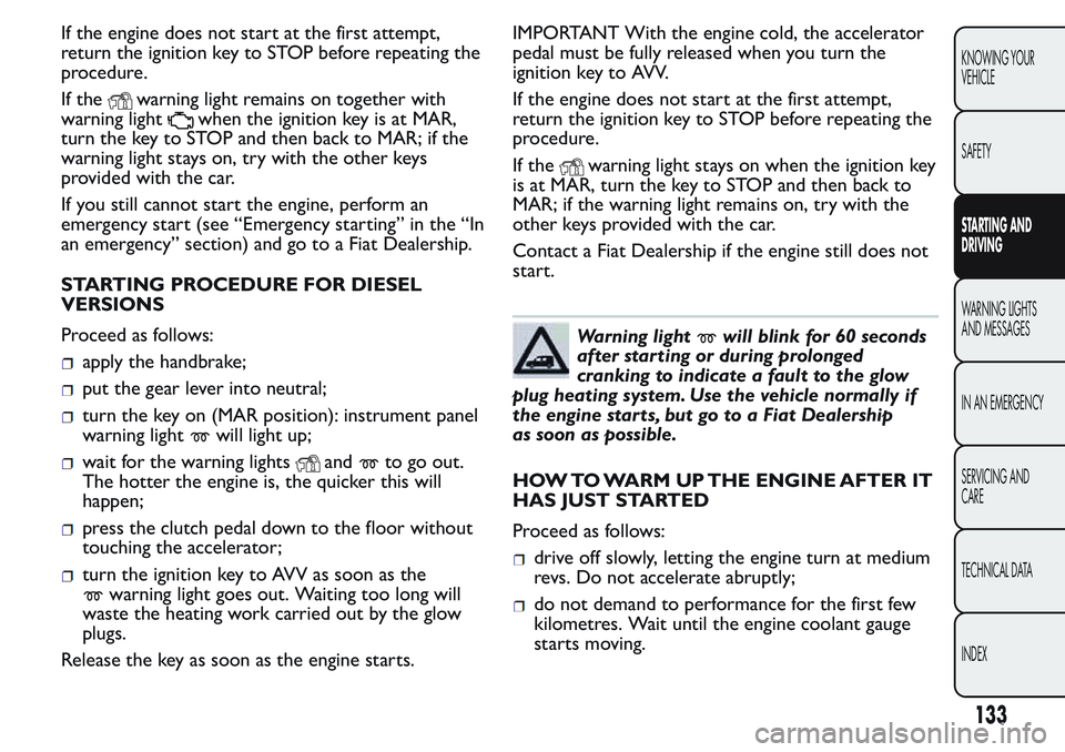 FIAT FIORINO 2017 Owner handbook (in English) If the engine does not start at the first attempt,
return the ignition key to STOP before repeating the
procedure.
If the
warning light remains on together with
warning light
when the ignition key is FIAT FIORINO 2017 Owner handbook (in English) If the engine does not start at the first attempt,
return the ignition key to STOP before repeating the
procedure.
If the
warning light remains on together with
warning light
when the ignition key is