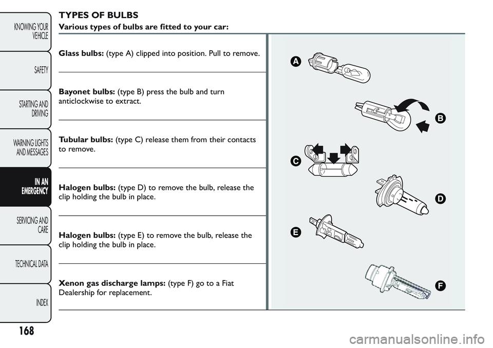 FIAT FIORINO 2017 Owner handbook (in English) TYPES OF BULBS
Various types of bulbs are fitted to your car:
Glass bulbs:(type A) clipped into position. Pull to remove.
Bayonet bulbs:(type B) press the bulb and turn
anticlockwise to extract.
Tubul FIAT FIORINO 2017 Owner handbook (in English) TYPES OF BULBS
Various types of bulbs are fitted to your car:
Glass bulbs:(type A) clipped into position. Pull to remove.
Bayonet bulbs:(type B) press the bulb and turn
anticlockwise to extract.
Tubul