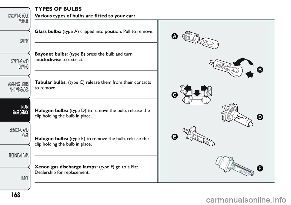 FIAT FIORINO 2017  Owner handbook (in English) TYPES OF BULBS
Various types of bulbs are fitted to your car:
Glass bulbs:(type A) clipped into position. Pull to remove.
Bayonet bulbs:(type B) press the bulb and turn
anticlockwise to extract.
Tubul