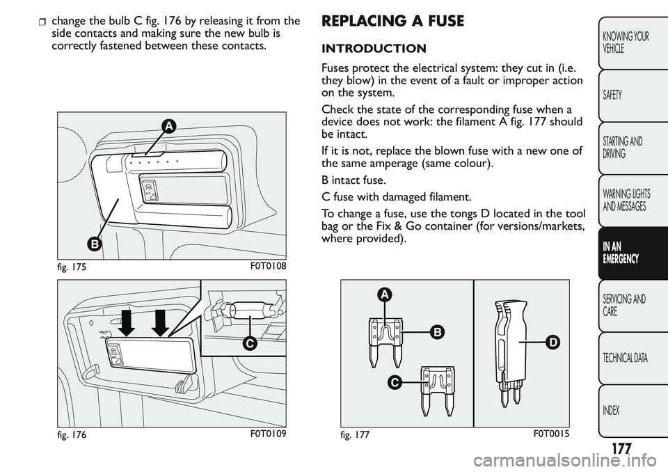 FIAT FIORINO 2017  Owner handbook (in English) change the bulb C fig. 176 by releasing it from the
side contacts and making sure the new bulb is
correctly fastened between these contacts.REPLACING A FUSE
INTRODUCTION
Fuses protect the electrical s