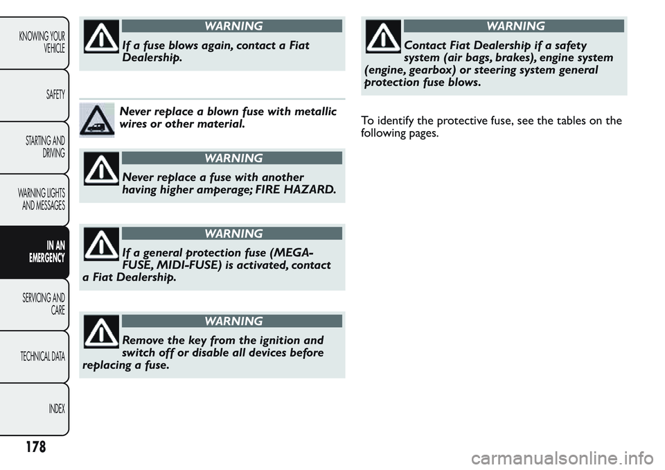 FIAT FIORINO 2017 Owner handbook (in English) WARNING
If a fuse blows again, contact a Fiat
Dealership.
Never replace a blown fuse with metallic
wires or other material.
WARNING
Never replace a fuse with another
having higher amperage; FIRE HAZAR FIAT FIORINO 2017 Owner handbook (in English) WARNING
If a fuse blows again, contact a Fiat
Dealership.
Never replace a blown fuse with metallic
wires or other material.
WARNING
Never replace a fuse with another
having higher amperage; FIRE HAZAR
