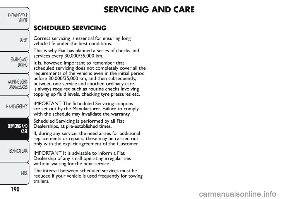 FIAT FIORINO 2017 Owner handbook (in English) SERVICING AND CARE
SCHEDULED SERVICING
Correct servicing is essential for ensuring long
vehicle life under the best conditions.
This is why Fiat has planned a series of checks and
services every 30,00 FIAT FIORINO 2017 Owner handbook (in English) SERVICING AND CARE
SCHEDULED SERVICING
Correct servicing is essential for ensuring long
vehicle life under the best conditions.
This is why Fiat has planned a series of checks and
services every 30,00