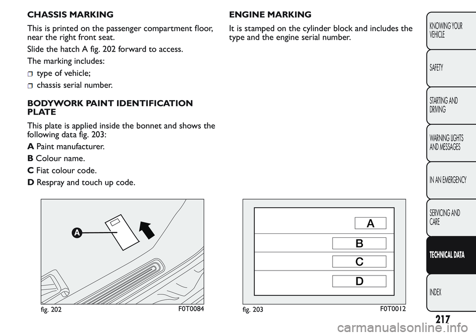 FIAT FIORINO 2017 Owner handbook (in English) CHASSIS MARKING
This is printed on the passenger compartment floor,
near the right front seat.
Slide the hatch A fig. 202 forward to access.
The marking includes:
type of vehicle;
chassis serial numbe FIAT FIORINO 2017 Owner handbook (in English) CHASSIS MARKING
This is printed on the passenger compartment floor,
near the right front seat.
Slide the hatch A fig. 202 forward to access.
The marking includes:
type of vehicle;
chassis serial numbe