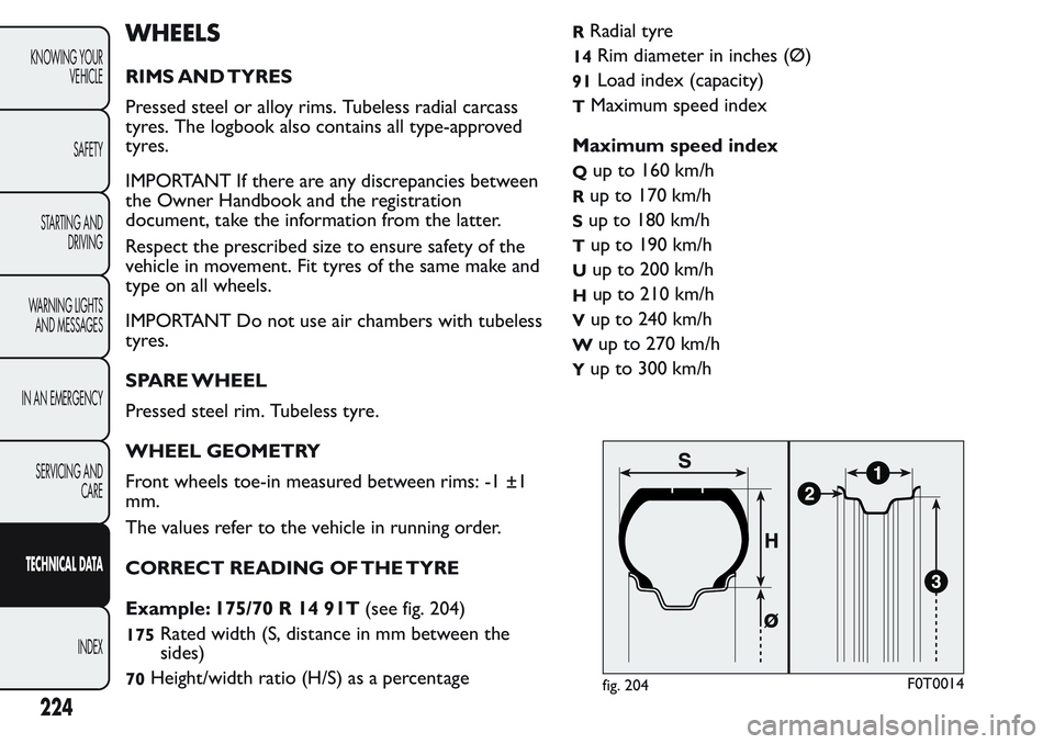 FIAT FIORINO 2017 Owner handbook (in English) WHEELS
RIMS AND TYRES
Pressed steel or alloy rims. Tubeless radial carcass
tyres. The logbook also contains all type-approved
tyres.
IMPORTANT If there are any discrepancies between
the Owner Handbook FIAT FIORINO 2017 Owner handbook (in English) WHEELS
RIMS AND TYRES
Pressed steel or alloy rims. Tubeless radial carcass
tyres. The logbook also contains all type-approved
tyres.
IMPORTANT If there are any discrepancies between
the Owner Handbook