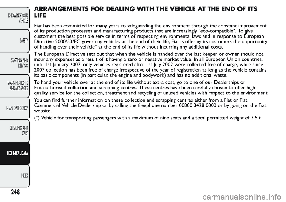 FIAT FIORINO 2017 Owner handbook (in English) ARRANGEMENTS FOR DEALING WITH THE VEHICLE AT THE END OF ITS
LIFE
Fiat has been committed for many years to safeguarding the environment through the constant improvement
of its production processes and FIAT FIORINO 2017 Owner handbook (in English) ARRANGEMENTS FOR DEALING WITH THE VEHICLE AT THE END OF ITS
LIFE
Fiat has been committed for many years to safeguarding the environment through the constant improvement
of its production processes and