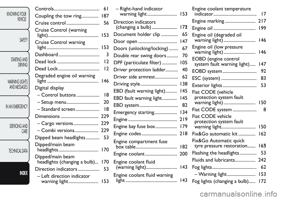 FIAT FIORINO 2017  Owner handbook (in English) Controls........................................ 61
Coupling the tow ring............... 187
Cruise control ............................. 56
Cruise Control (warning
light) ............................