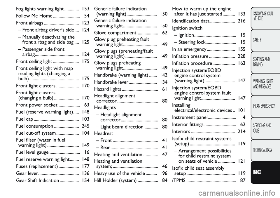 FIAT FIORINO 2017  Owner handbook (in English) Fog lights warning light ............. 153
Follow Me Home ........................ 54
Front airbags ............................... 123
– Front airbag driver's side .... 124
– Manually deactiv