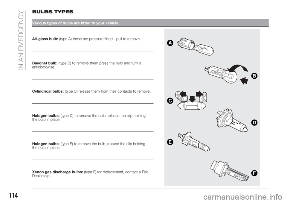 FIAT FIORINO 2018 Owner handbook (in English) BULBS TYPES
Various types of bulbs are fitted to your vehicle.
All-glass bulb:(type A) these are pressure fitted - pull to remove.
Bayonet bulb:(type B) to remove them press the bulb and turn it
antic FIAT FIORINO 2018 Owner handbook (in English) BULBS TYPES
Various types of bulbs are fitted to your vehicle.
All-glass bulb:(type A) these are pressure fitted - pull to remove.
Bayonet bulb:(type B) to remove them press the bulb and turn it
antic