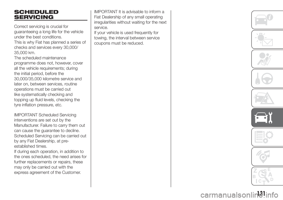 FIAT FIORINO 2018 Owner handbook (in English) SCHEDULED
SERVICING
Correct servicing is crucial for
guaranteeing a long life for the vehicle
under the best conditions.
This is why Fiat has planned a series of
checks and services every 30,000/
35,0 FIAT FIORINO 2018 Owner handbook (in English) SCHEDULED
SERVICING
Correct servicing is crucial for
guaranteeing a long life for the vehicle
under the best conditions.
This is why Fiat has planned a series of
checks and services every 30,000/
35,0