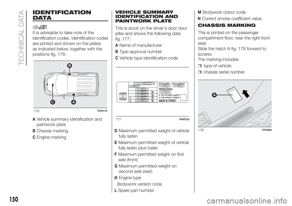 FIAT FIORINO 2018 Owner handbook (in English) 150
TECHNICAL DATA
IDENTIFICATION
DATA
It is advisable to take note of the
identification codes. Identification codes
are printed and shown on the plates
as indicated below, together with the
position FIAT FIORINO 2018 Owner handbook (in English) 150
TECHNICAL DATA
IDENTIFICATION
DATA
It is advisable to take note of the
identification codes. Identification codes
are printed and shown on the plates
as indicated below, together with the
position