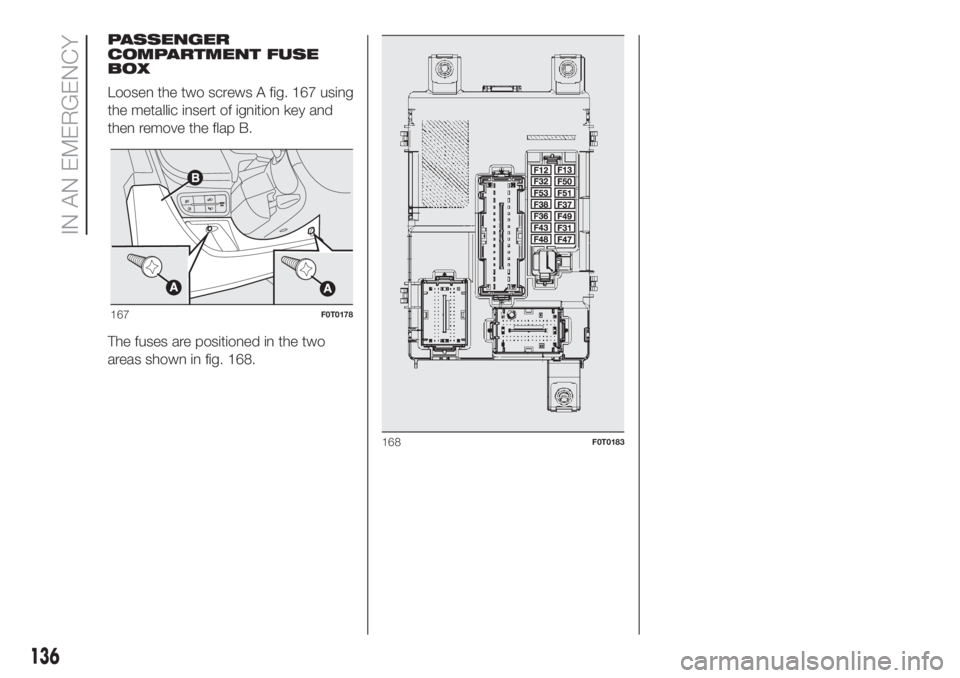 FIAT FIORINO 2019  Owner handbook (in English) PASSENGER
COMPARTMENT FUSE
BOX
Loosen the two screws A fig. 167 using
the metallic insert of ignition key and
then remove the flap B.
The fuses are positioned in the two
areas shown in fig. 168.
167F0