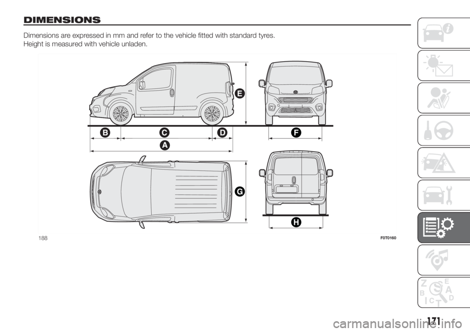 FIAT FIORINO 2019 Owner handbook (in English) DIMENSIONS
Dimensions are expressed in mm and refer to the vehicle fitted with standard tyres.
Height is measured with vehicle unladen.
188F0T0160
171 FIAT FIORINO 2019 Owner handbook (in English) DIMENSIONS
Dimensions are expressed in mm and refer to the vehicle fitted with standard tyres.
Height is measured with vehicle unladen.
188F0T0160
171
