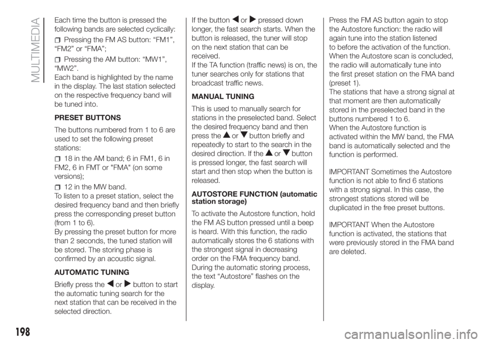 FIAT FIORINO 2019 Owner handbook (in English) Each time the button is pressed the
following bands are selected cyclically:
Pressing the FM AS button: “FM1”,
“FM2” or “FMA”;
Pressing the AM button: “MW1”,
“MW2”.
Each band is hi FIAT FIORINO 2019 Owner handbook (in English) Each time the button is pressed the
following bands are selected cyclically:
Pressing the FM AS button: “FM1”,
“FM2” or “FMA”;
Pressing the AM button: “MW1”,
“MW2”.
Each band is hi