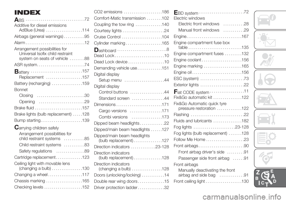FIAT FIORINO 2019  Owner handbook (in English) INDEX
A
BS...............................72
Additive for diesel emissions
AdBlue (Urea)...................114
Airbags (general warnings)...........95
Alarm...............................12
Arrangement