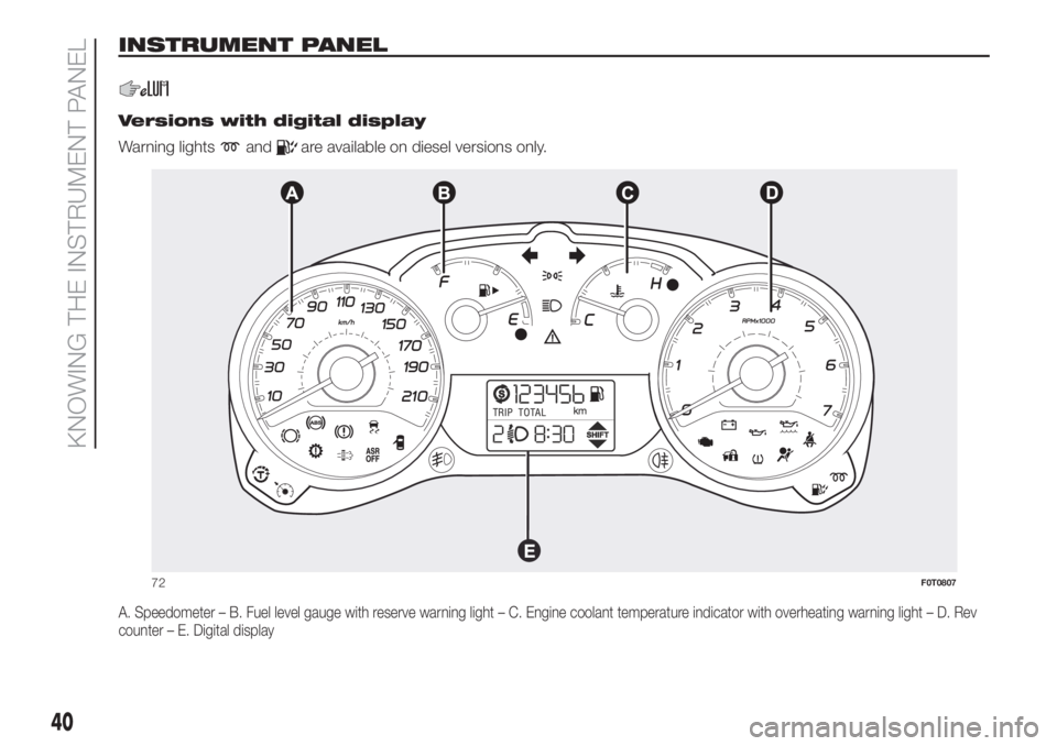 FIAT FIORINO 2019 Owner handbook (in English) INSTRUMENT PANEL.
.
Versions with digital display
Warning lights
andare available on diesel versions only.
A. Speedometer – B. Fuel level gauge with reserve warning light – C. Engine coolant tempe FIAT FIORINO 2019 Owner handbook (in English) INSTRUMENT PANEL.
.
Versions with digital display
Warning lights
andare available on diesel versions only.
A. Speedometer – B. Fuel level gauge with reserve warning light – C. Engine coolant tempe