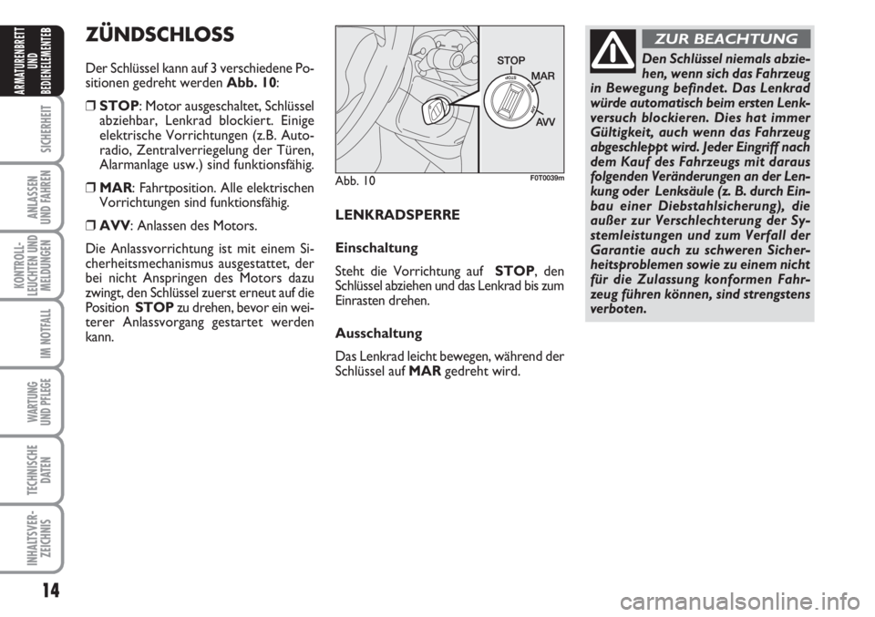 FIAT FIORINO 2007 Betriebsanleitung (in German) 14
SICHERHEIT
ANLASSEN
UND FAHREN
KONTROLL-
LEUCHTEN UND
MELDUNGEN
IM NOTFALL
WARTUNG
UND PFLEGE
TECHNISCHE
DATEN
INHALTSVER-
ZEICHNIS
ARMATURENBRETT
UND
BEDIENELEMENTE
B
Abb. 10F0T0039m
Den Schlüs FIAT FIORINO 2007 Betriebsanleitung (in German) 14
SICHERHEIT
ANLASSEN
UND FAHREN
KONTROLL-
LEUCHTEN UND
MELDUNGEN
IM NOTFALL
WARTUNG
UND PFLEGE
TECHNISCHE
DATEN
INHALTSVER-
ZEICHNIS
ARMATURENBRETT
UND
BEDIENELEMENTE
B
Abb. 10F0T0039m
Den Schlüs