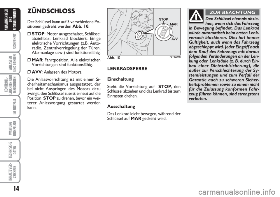 FIAT FIORINO 2007  Betriebsanleitung (in German) 14
SICHERHEIT
ANLASSEN
UND FAHREN
KONTROLL-
LEUCHTEN UND
MELDUNGEN
IM NOTFALL
WARTUNG 
UND PFLEGE 
TECHNISCHE
DATEN
INHALTSVER-
ZEICHNIS
ARMATURENBRETT
UND
BEDIENELEMENTE
B
Abb. 10F0T0039m
Den Schlüs
