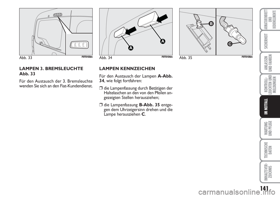 FIAT FIORINO 2007  Betriebsanleitung (in German) WARTUNG 
UND PFLEGE 
141
KONTROLL-
LEUCHTEN UND
MELDUNGEN
TECHNISCHE
DATEN
INHALTSVER-
ZEICHNIS
ARMATURENBRETT
UND
BEDIENELEMENTE
SICHERHEIT
ANLASSEN
UND FAHREN
IM NOTFALL
LAMPEN 3. BREMSLEUCHTE
Abb. 