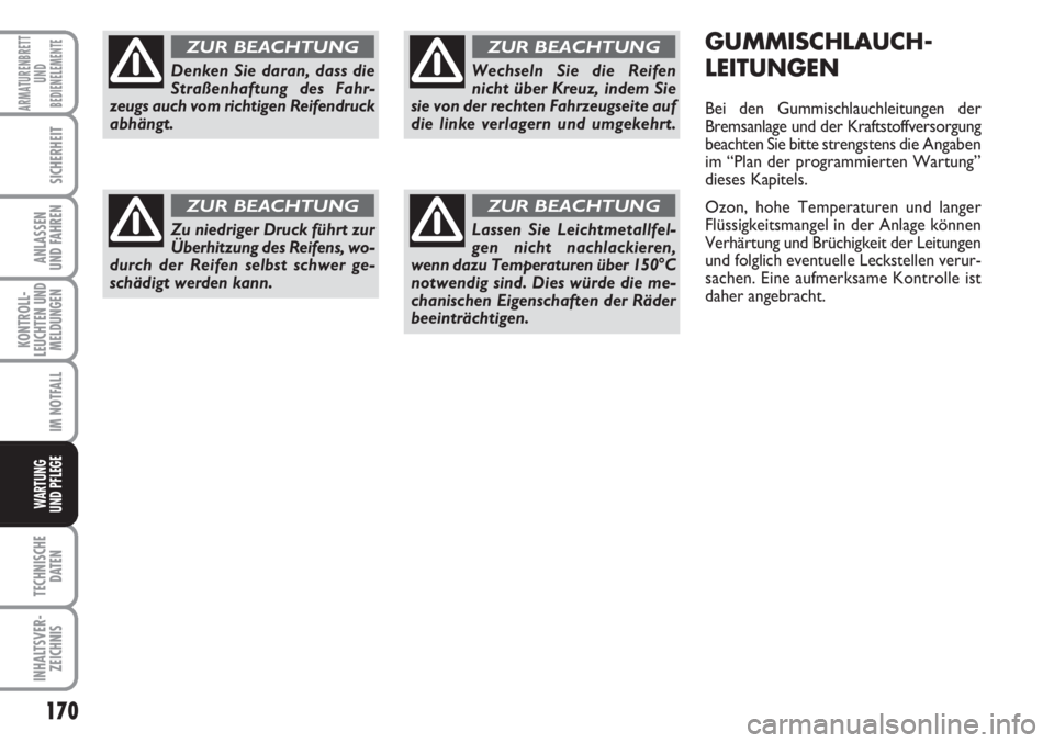 FIAT FIORINO 2007 Betriebsanleitung (in German) 170
KONTROLL-
LEUCHTEN UND
MELDUNGEN
TECHNISCHE
DATEN
INHALTSVER-
ZEICHNIS
ARMATURENBRETT
UND
BEDIENELEMENTE
SICHERHEIT
ANLASSEN
UND FAHREN
IM NOTFALL
WARTUNG
UND PFLEGE
GUMMISCHLAUCH-
LEITUNGEN
Bei FIAT FIORINO 2007 Betriebsanleitung (in German) 170
KONTROLL-
LEUCHTEN UND
MELDUNGEN
TECHNISCHE
DATEN
INHALTSVER-
ZEICHNIS
ARMATURENBRETT
UND
BEDIENELEMENTE
SICHERHEIT
ANLASSEN
UND FAHREN
IM NOTFALL
WARTUNG
UND PFLEGE
GUMMISCHLAUCH-
LEITUNGEN
Bei