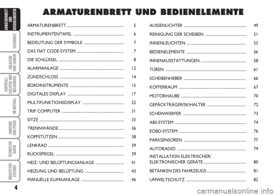 FIAT FIORINO 2007  Betriebsanleitung (in German) 4
SICHERHEIT
ANLASSEN
UND FAHREN
KONTROLL-
LEUCHTEN UND
MELDUNGEN
IM NOTFALL
WARTUNG 
UND PFLEGE 
TECHNISCHE
DATEN
INHALTSVER-
ZEICHNIS
ARMATURENBRETT
UND
BEDIENELEMENTE
B
ARMATURENBRETT..............