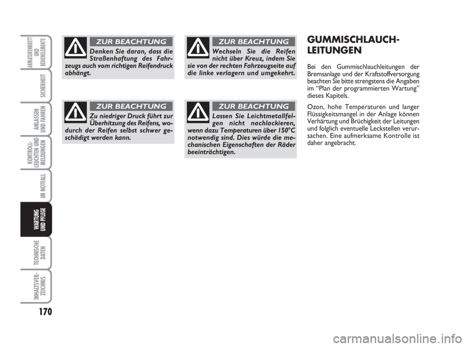 FIAT FIORINO 2008  Betriebsanleitung (in German) 170
KONTROLL-
LEUCHTEN UND
MELDUNGEN
TECHNISCHE
DATEN
INHALTSVER-
ZEICHNIS
ARMATURENBRETT
UND
BEDIENELEMENTE
SICHERHEIT
ANLASSEN
UND FAHREN
IM NOTFALL
WARTUNG 
UND PFLEGE 
GUMMISCHLAUCH-
LEITUNGEN
Bei