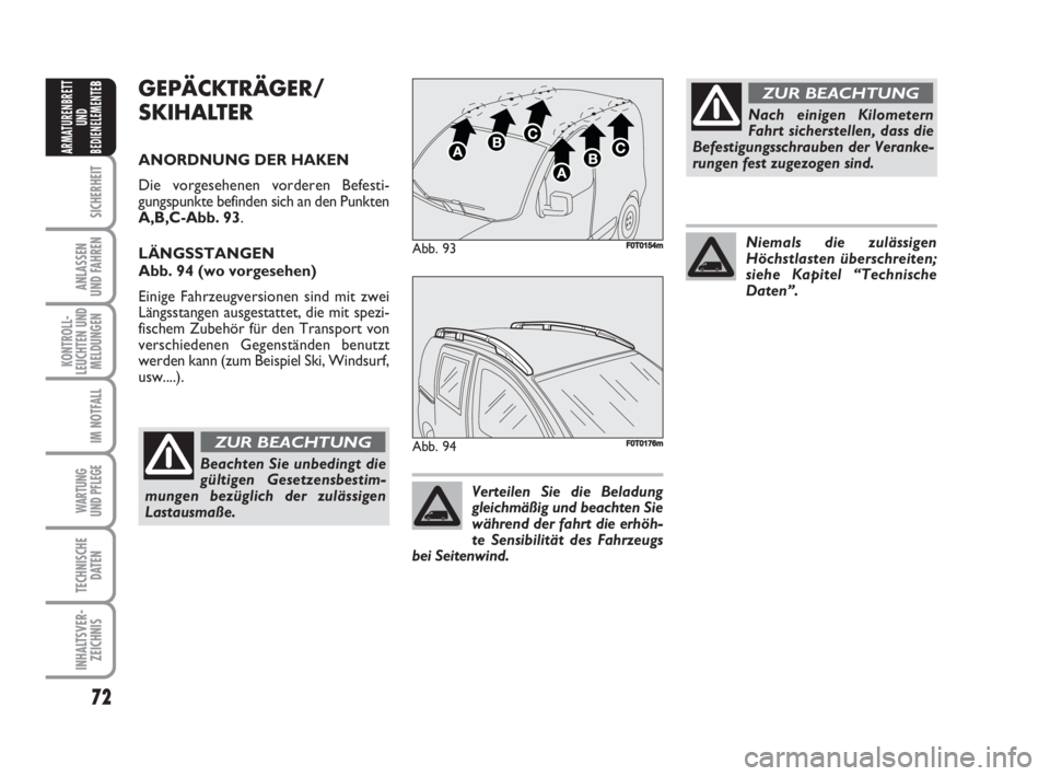 FIAT FIORINO 2008  Betriebsanleitung (in German) 72
SICHERHEIT
ANLASSEN
UND FAHREN
KONTROLL-
LEUCHTEN UND
MELDUNGEN
IM NOTFALL
WARTUNG 
UND PFLEGE 
TECHNISCHE
DATEN
INHALTSVER-
ZEICHNIS
ARMATURENBRETT
UND
BEDIENELEMENTE
BGEPÄCKTRÄGER/
SKIHALTER
AN