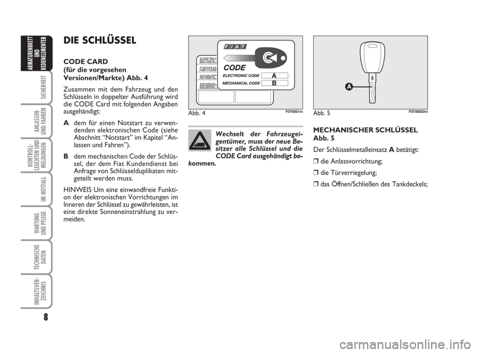FIAT FIORINO 2008  Betriebsanleitung (in German) 8
SICHERHEIT
ANLASSEN
UND FAHREN
KONTROLL-
LEUCHTEN UND
MELDUNGEN
IM NOTFALL
WARTUNG 
UND PFLEGE 
TECHNISCHE
DATEN
INHALTSVER-
ZEICHNIS
ARMATURENBRETT
UND
BEDIENELEMENTE
BDIE SCHLÜSSEL
CODE CARD
(fü