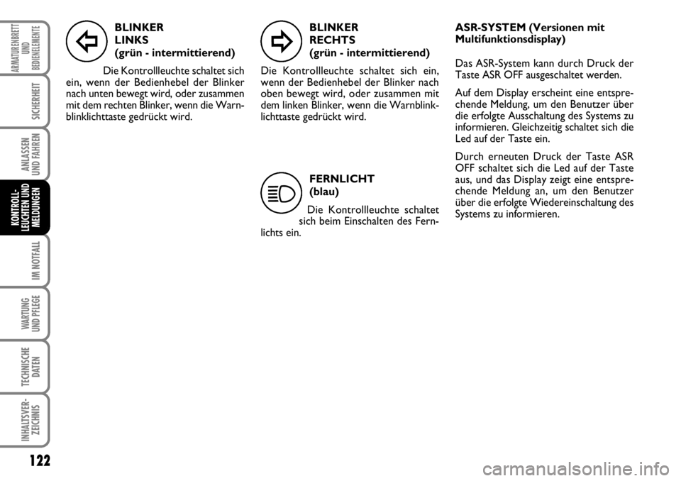 FIAT FIORINO 2009  Betriebsanleitung (in German) 122
IM NOTFALL
WARTUNG 
UND PFLEGE 
TECHNISCHE
DATEN
INHALTSVER-
ZEICHNIS
ARMATURENBRETT
UND
BEDIENELEMENTE
SICHERHEIT
ANLASSEN 
UND FAHREN
KONTROLL-
LEUCHTEN UND
MELDUNGEN
BLINKER  
LINKS
(grün - in