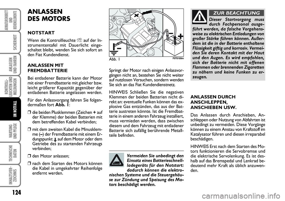 FIAT FIORINO 2009  Betriebsanleitung (in German) 124
KONTROLL-
LEUCHTEN UND
MELDUNGEN
WARTUNG 
UND PFLEGE 
TECHNISCHE
DATEN
INHALTSVER-
ZEICHNIS
ARMATURENBRETT
UND
BEDIENELEMENTE
SICHERHEIT
ANLASSEN 
UND FAHREN
IM NOTFALL
ANLASSEN
DES MOTORS
NOTSTAR