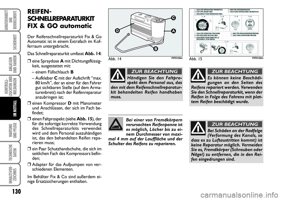 FIAT FIORINO 2009 Betriebsanleitung (in German) 130
KONTROLL-
LEUCHTEN UND
MELDUNGEN
WARTUNG
UND PFLEGE
TECHNISCHE
DATEN
INHALTSVER-
ZEICHNIS
ARMATURENBRETT
UND
BEDIENELEMENTE
SICHERHEIT
ANLASSEN
UND FAHREN
IM NOTFALL
REIFEN-
SCHNELLREPARATURKIT FIAT FIORINO 2009 Betriebsanleitung (in German) 130
KONTROLL-
LEUCHTEN UND
MELDUNGEN
WARTUNG
UND PFLEGE
TECHNISCHE
DATEN
INHALTSVER-
ZEICHNIS
ARMATURENBRETT
UND
BEDIENELEMENTE
SICHERHEIT
ANLASSEN
UND FAHREN
IM NOTFALL
REIFEN-
SCHNELLREPARATURKIT