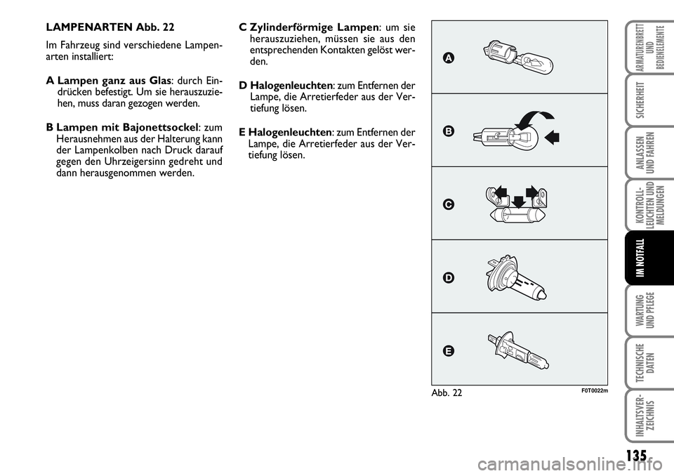 FIAT FIORINO 2009 Betriebsanleitung (in German) WARTUNG
UND PFLEGE
135
KONTROLL-
LEUCHTEN UND
MELDUNGEN
TECHNISCHE
DATEN
INHALTSVER-
ZEICHNIS
ARMATURENBRETT
UND
BEDIENELEMENTE
SICHERHEIT
ANLASSEN
UND FAHREN
IM NOTFALL
LAMPENARTEN Abb. 22
Im Fahr FIAT FIORINO 2009 Betriebsanleitung (in German) WARTUNG
UND PFLEGE
135
KONTROLL-
LEUCHTEN UND
MELDUNGEN
TECHNISCHE
DATEN
INHALTSVER-
ZEICHNIS
ARMATURENBRETT
UND
BEDIENELEMENTE
SICHERHEIT
ANLASSEN
UND FAHREN
IM NOTFALL
LAMPENARTEN Abb. 22
Im Fahr