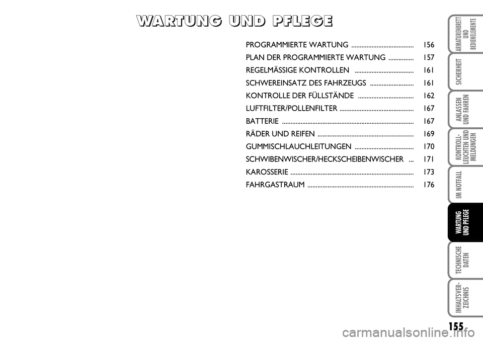 FIAT FIORINO 2009 Betriebsanleitung (in German) 155
KONTROLL-
LEUCHTEN UND
MELDUNGEN
TECHNISCHE
DATEN
INHALTSVER-
ZEICHNIS
ARMATURENBRETT
UND
BEDIENELEMENTE
SICHERHEIT
ANLASSEN
UND FAHREN
IM NOTFALL
WARTUNG
UND PFLEGE
PROGRAMMIERTE WARTUNG...... FIAT FIORINO 2009 Betriebsanleitung (in German) 155
KONTROLL-
LEUCHTEN UND
MELDUNGEN
TECHNISCHE
DATEN
INHALTSVER-
ZEICHNIS
ARMATURENBRETT
UND
BEDIENELEMENTE
SICHERHEIT
ANLASSEN
UND FAHREN
IM NOTFALL
WARTUNG
UND PFLEGE
PROGRAMMIERTE WARTUNG......
